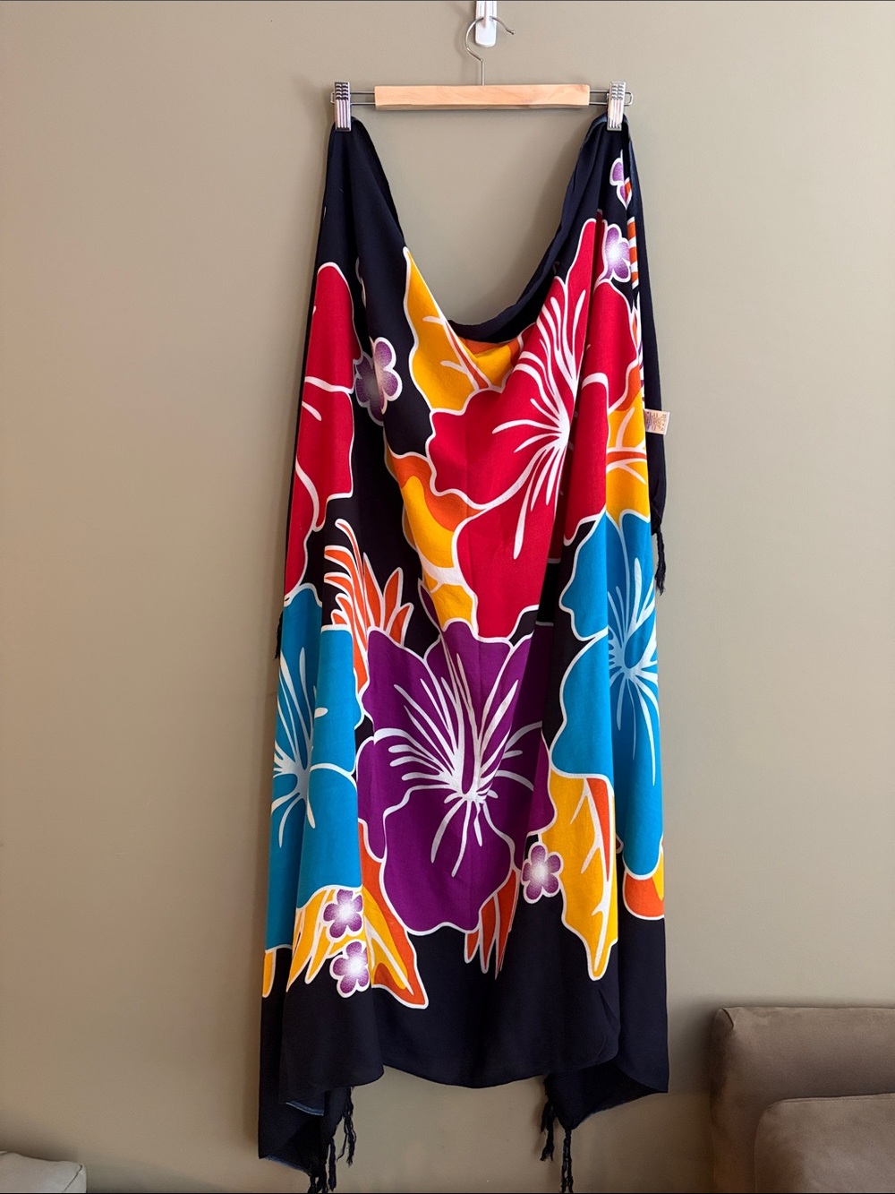 Vibrant Floral Beach Sarong — Black with Red, Purple Orange & Teal Flowers - Picture 3 of 7